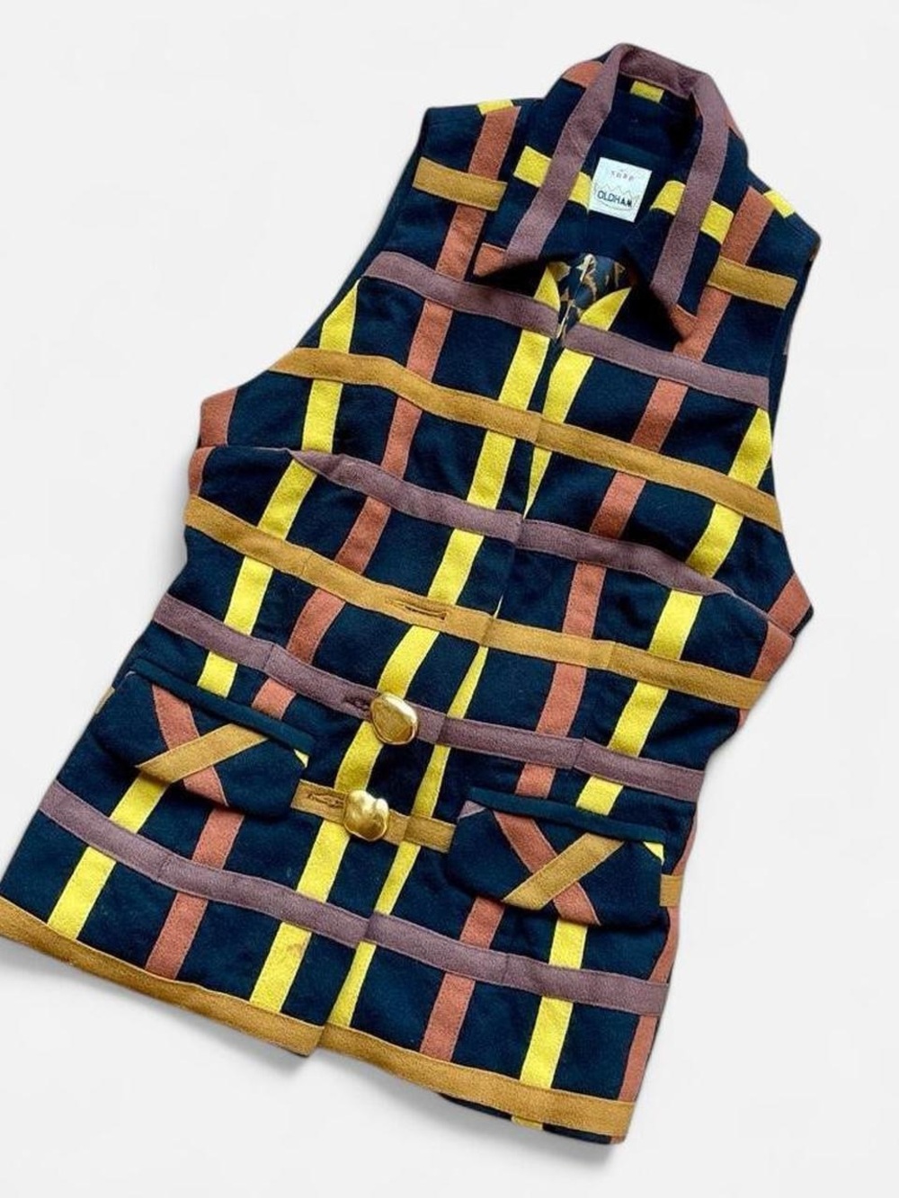 Todd Oldham Navy Vest with Yellow, Brown & Rust Stripes